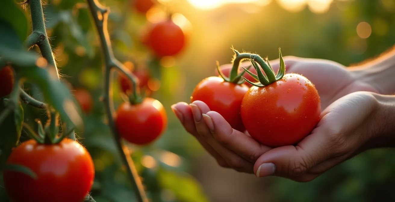 Gros plan sur des tomates mûres dans un champ ensoleillé avec des mains de producteur