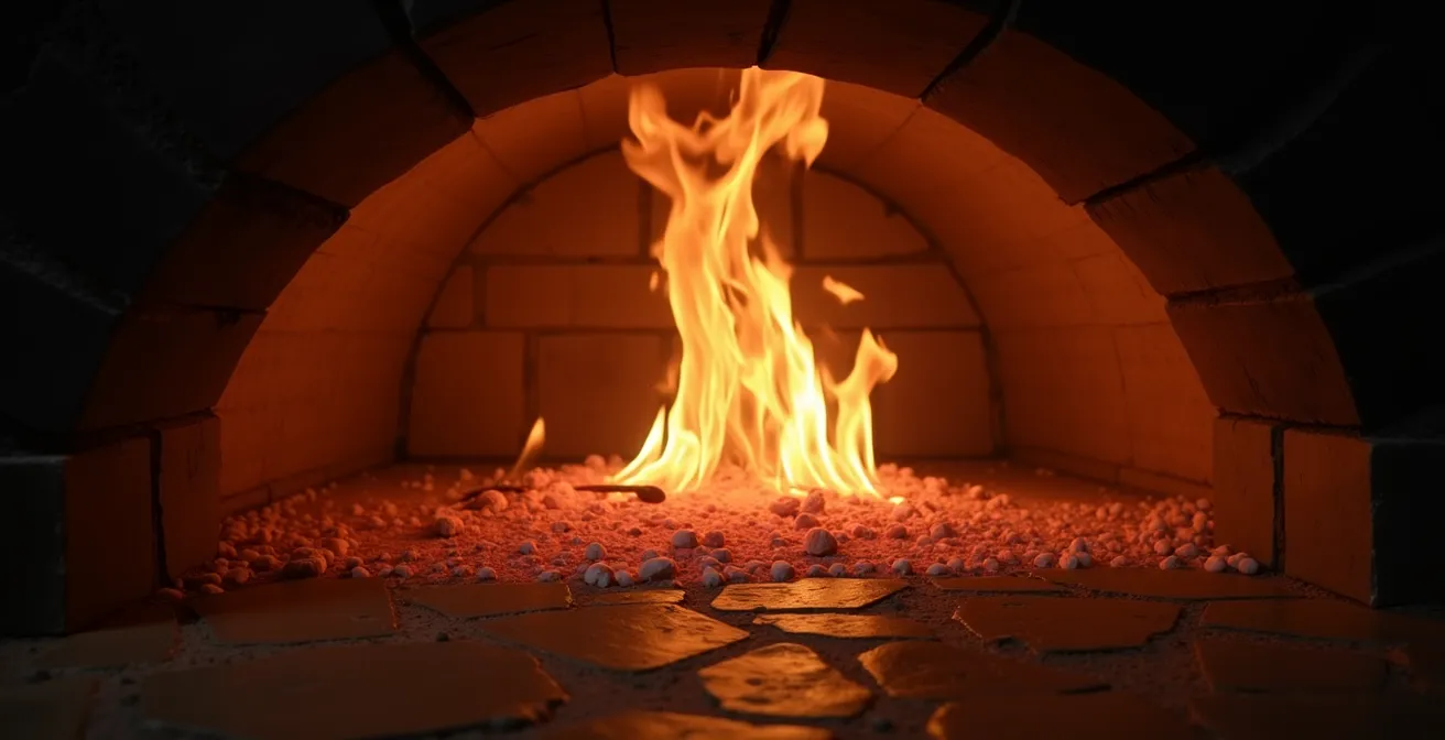 Intérieur d'un four à bois traditionnel avec flammes dansantes