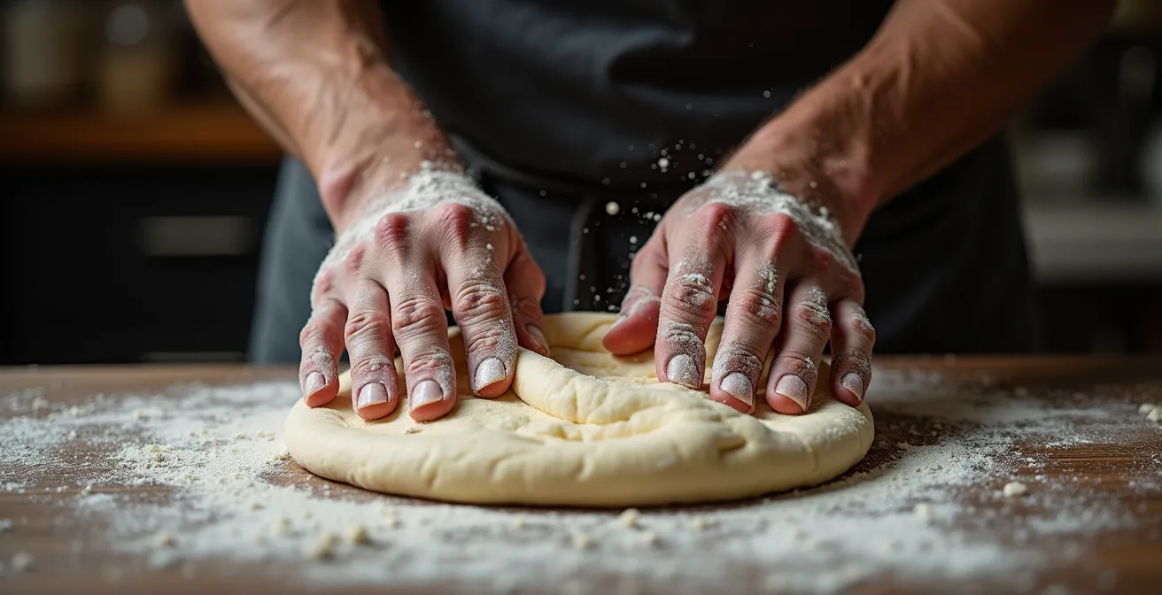 Mains expertes d'un pizzaiolo travaillant la pâte avec précision