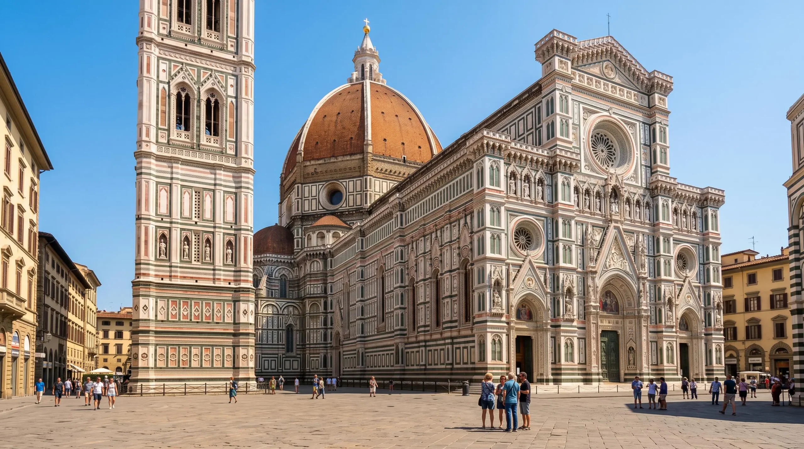 Cathédrale Santa Maria del Fiore de Florence avec coupole rouge de Brunelleschi et façade en marbres polychromes sous ciel bleu