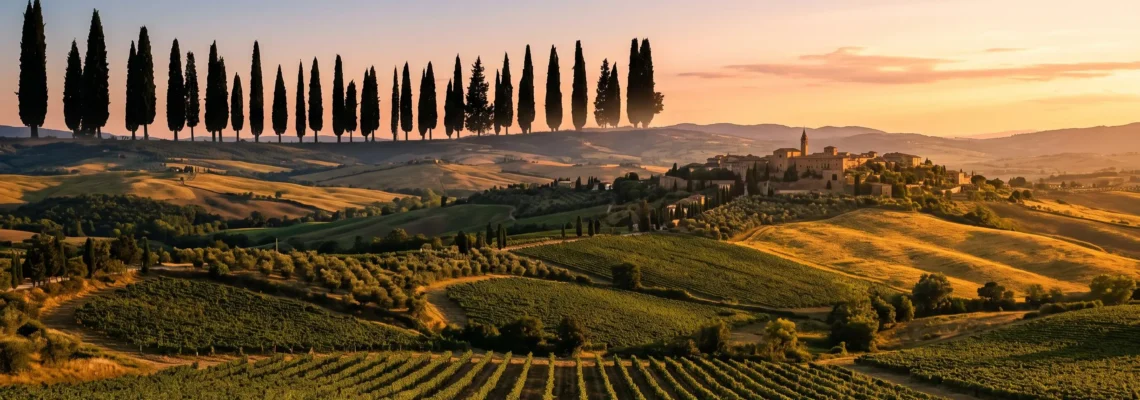 Paysage panoramique des collines toscanes au coucher du soleil avec rangées de cyprès, vignobles et villages perchés sous lumière dorée