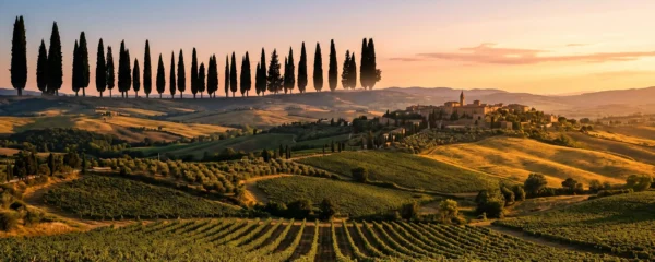Paysage panoramique des collines toscanes au coucher du soleil avec rangées de cyprès, vignobles et villages perchés sous lumière dorée