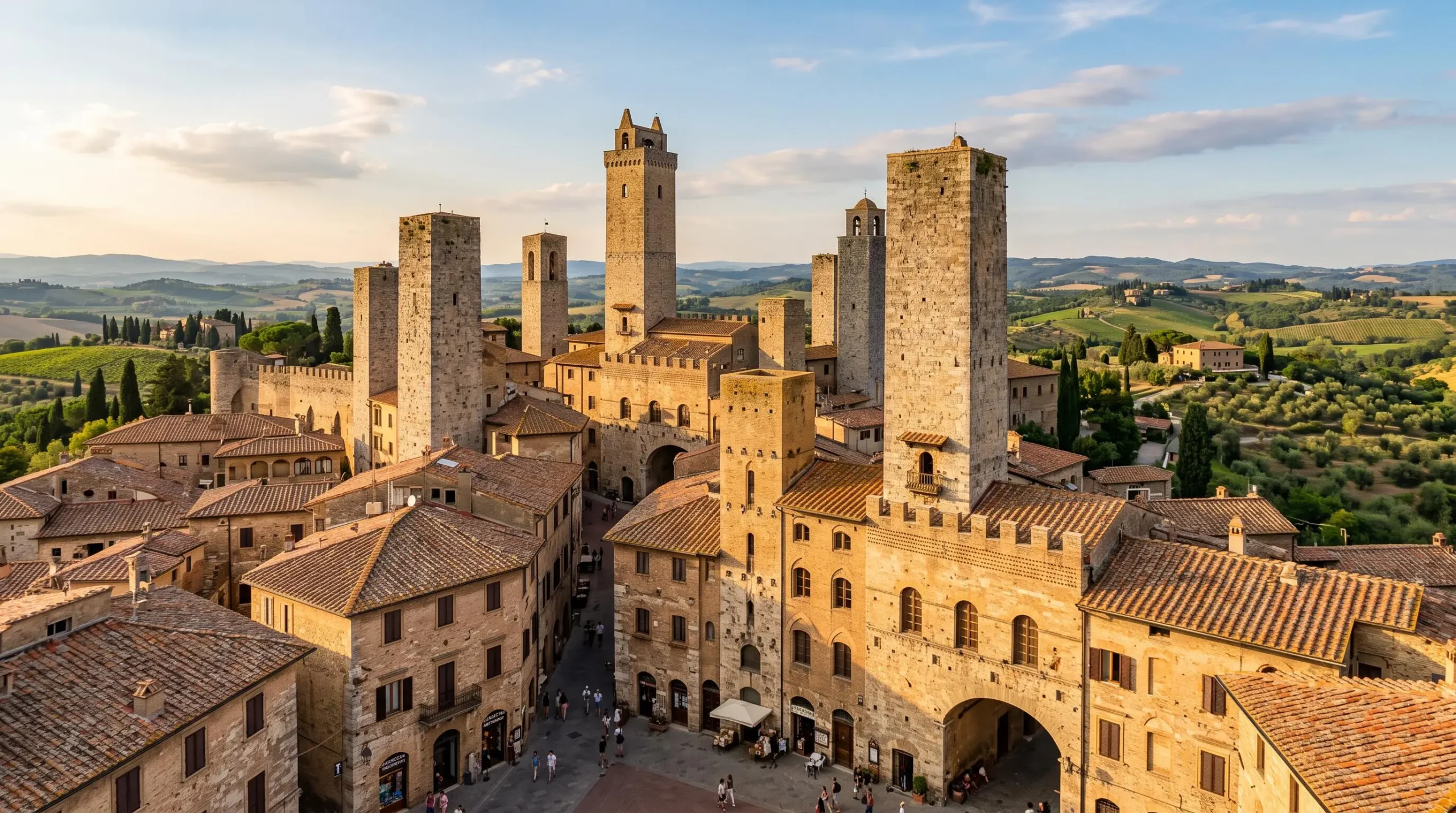 Village médiéval de San Gimignano en Toscane avec tours en pierre carrées dominant les toits en tuiles terracotta et collines en arrière-plan