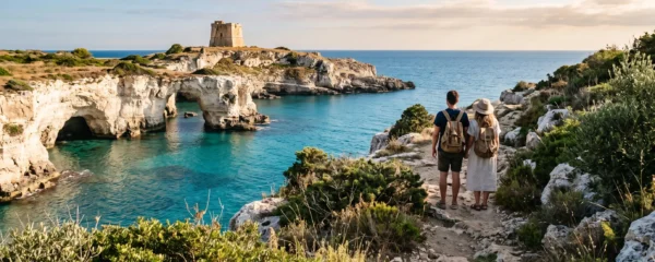 Vaste vue sur une côte rocheuse du Salento dans les Pouilles, avec une mer turquoise, des falaises calcaires blanches et deux voyageurs contemplant l'horizon depuis un sentier.